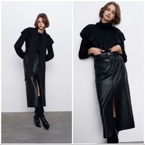 Zara Midi Vegan Leather front slit skirt